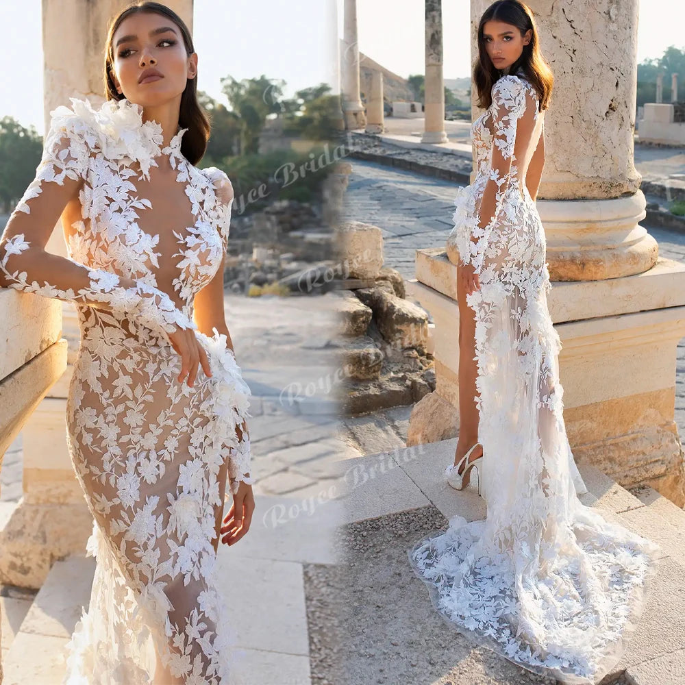 Vestido de Noiva Sereia Boho com Flores 3D, Costas Abertas e Fenda