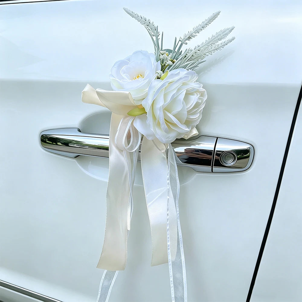 Flor para Espelho de Carro de Casamento – Rosa Branca Artificial com Fita