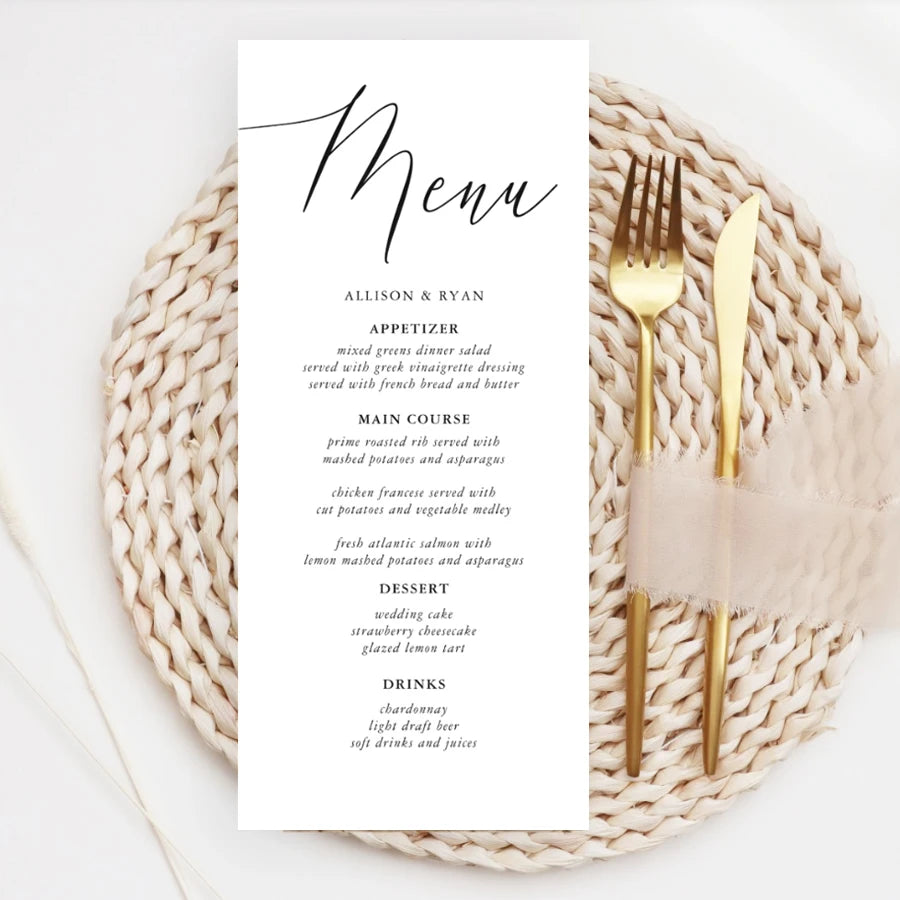Menus de Casamento Personalizados com Caligrafia Elegante