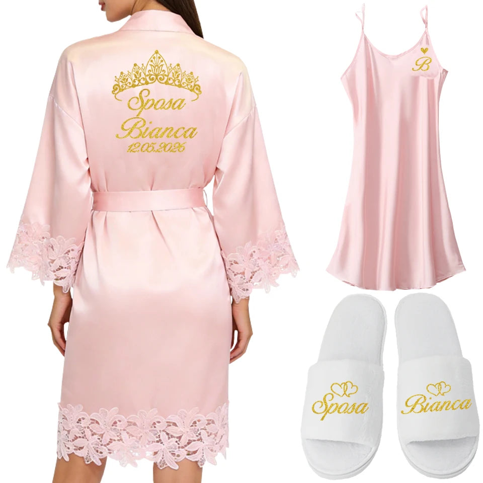 Robe Personalizado para Noiva – Com Nome e Data Bordados | Roupão de Cetim com Renda para Casamento