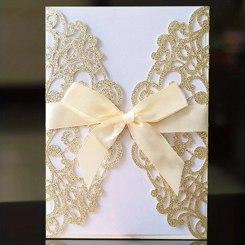 Convites de Casamento com Glitter e Fita – Pack de 10 | Elegância que Brilha