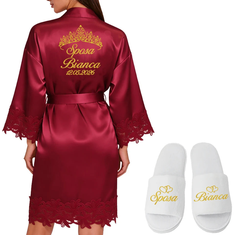 Robe Personalizado para Noiva – Com Nome e Data Bordados | Roupão de Cetim com Renda para Casamento