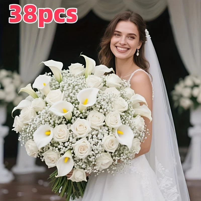 Bouquet Artificial de Rosas e Copos-de-Leite – 38 Flores para Decoração