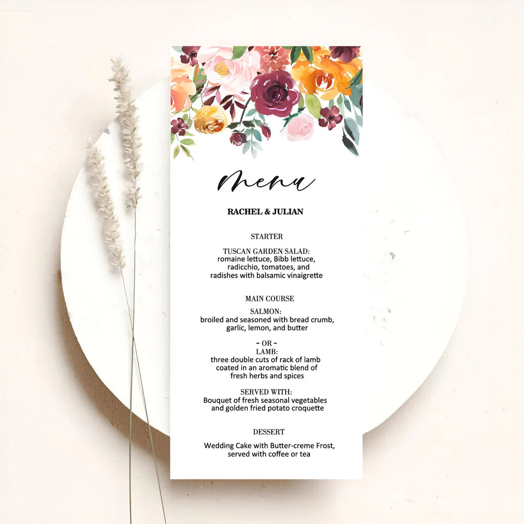 Menus de Casamento Personalizados com Design Floral