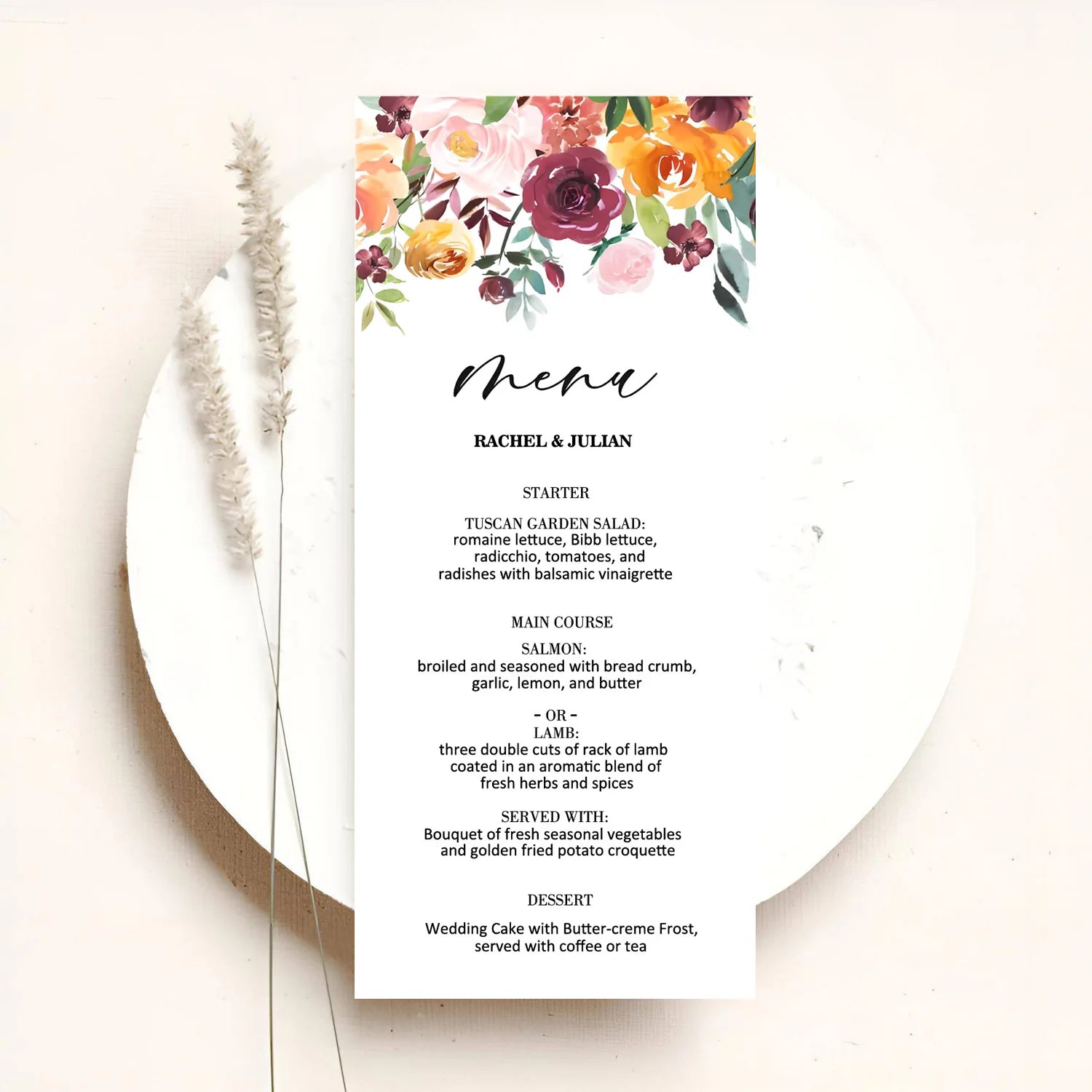 Menus de Casamento Personalizados com Design Floral