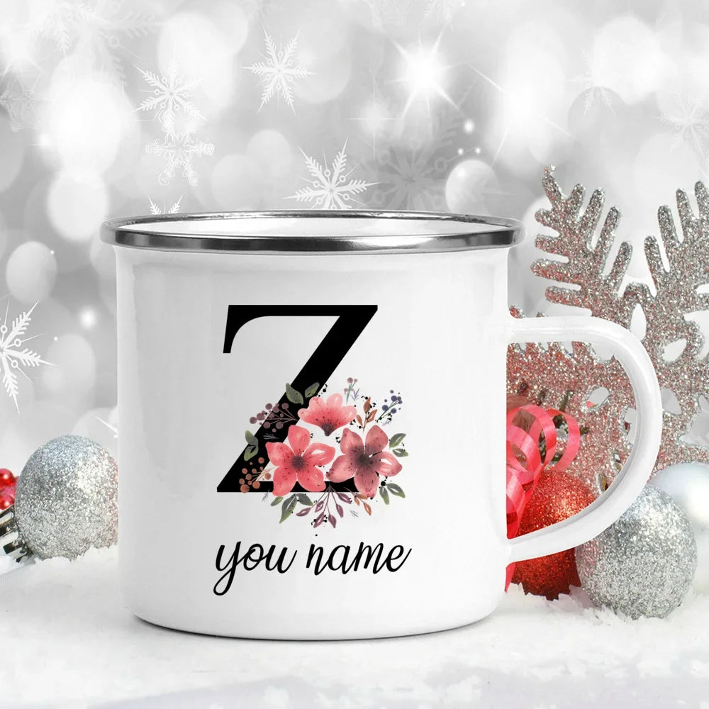 Caneca Esmaltada Personalizada com Nome e Flor
