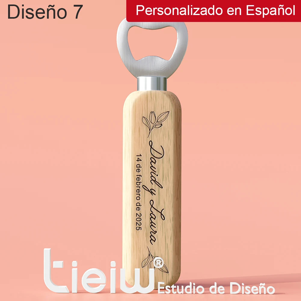 Abridores de Garrafa em Madeira Personalizados – Lembrança de Casamento (12 Peças)