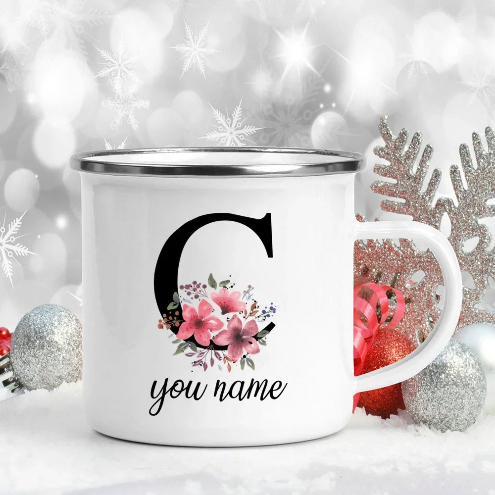 Caneca Esmaltada Personalizada com Nome e Flor