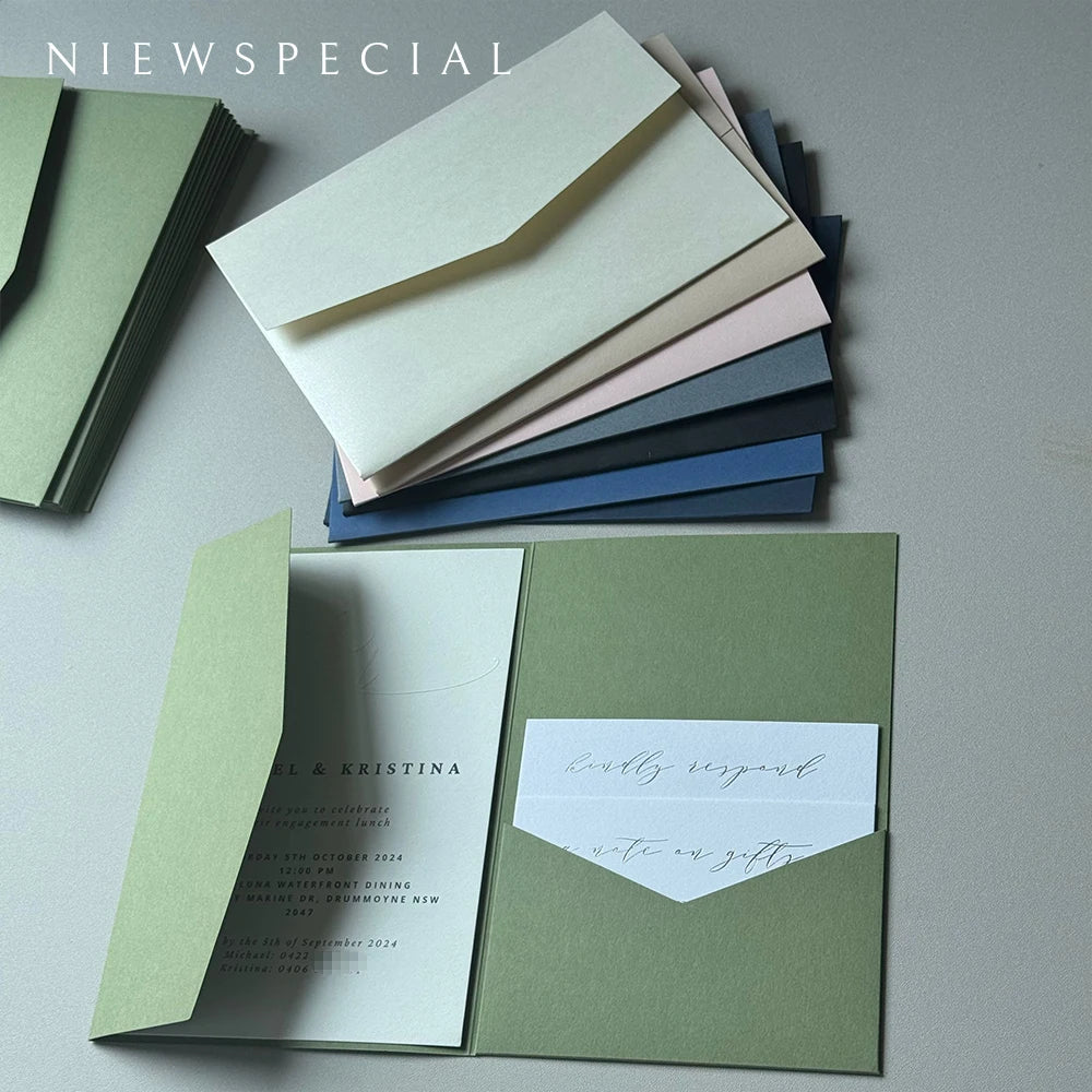 Convites Pocketfold DIY Verde Sálvia – 20 ou 25 Unidades | Personalize o Convite Perfeito