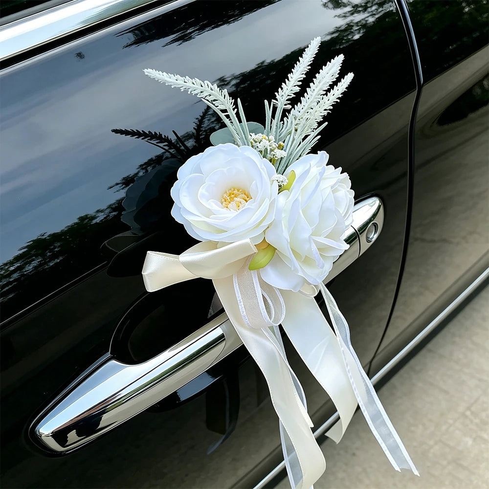 Flor para Espelho de Carro de Casamento – Rosa Branca Artificial com Fita
