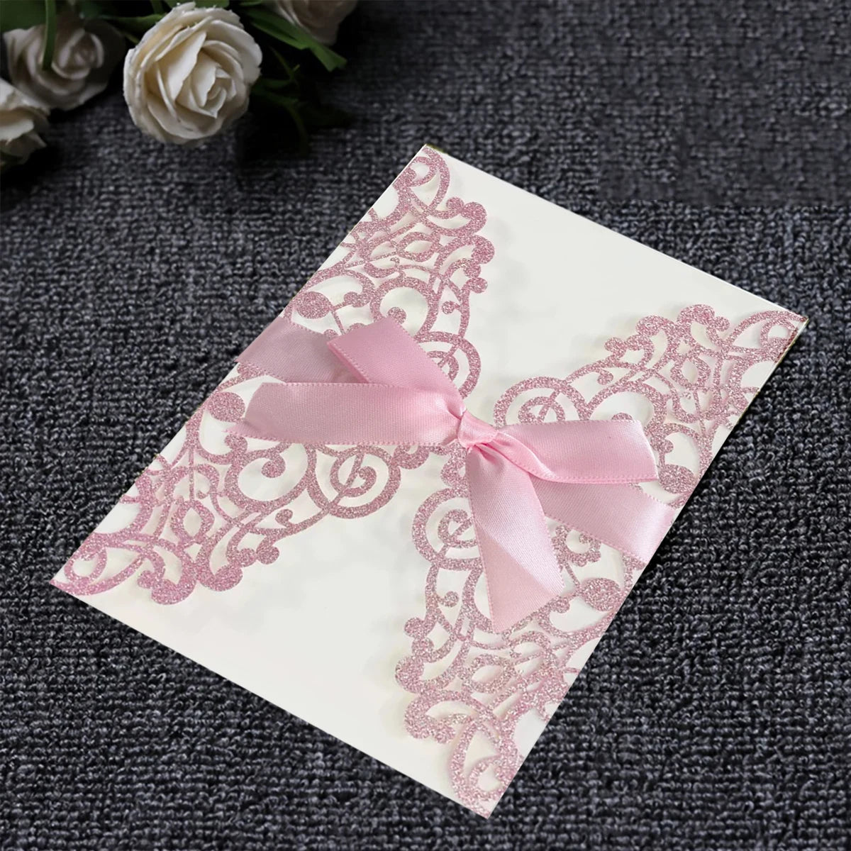 Convites de Casamento com Glitter e Fita – Pack de 10 | Elegância que Brilha