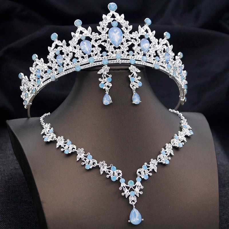 Conjunto de Joias de Princesa com Tiara Azul Opala – Coroa, Colar e Brincos