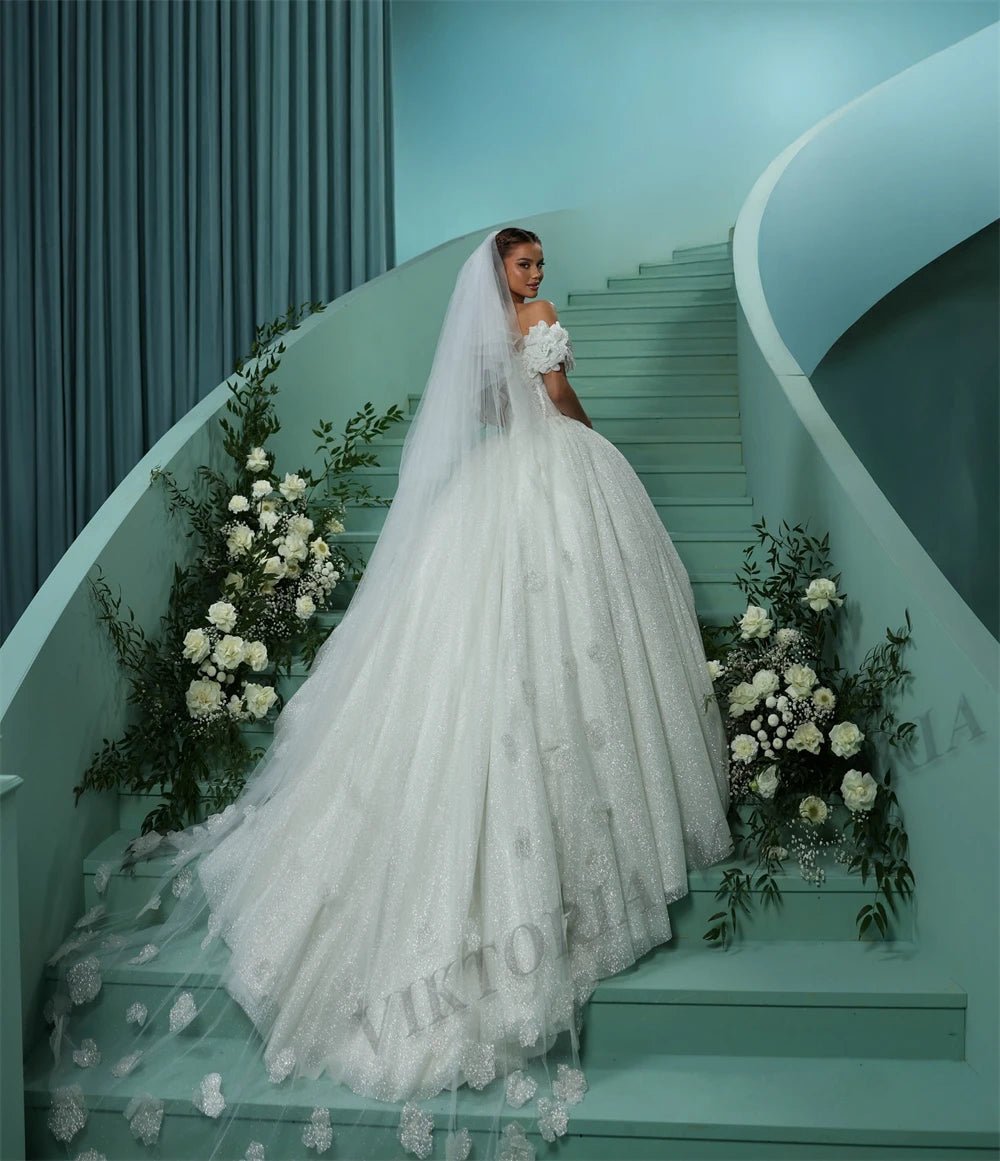 Vestido de Noiva VIKTORIA Princesa com Brilho e Flores 3D