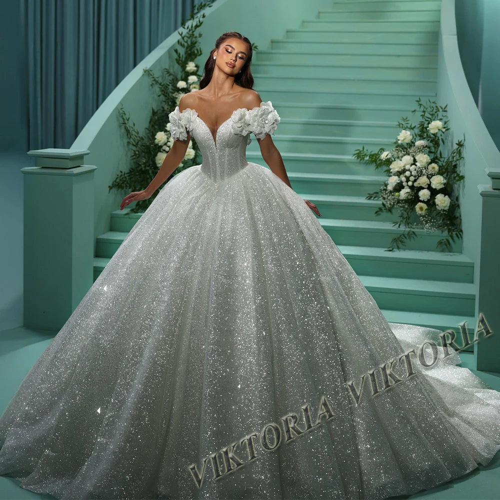 Vestido de Noiva VIKTORIA Princesa com Brilho e Flores 3D