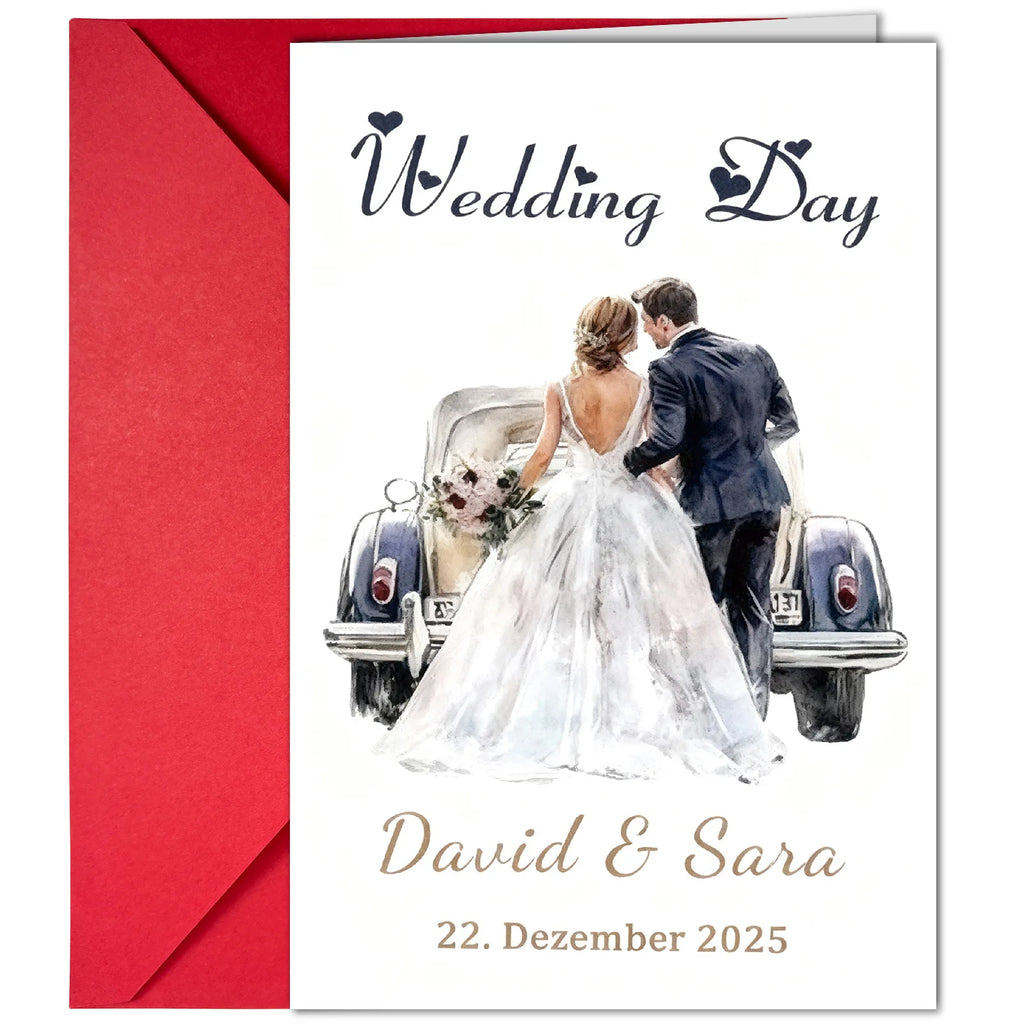 Convite de Casamento com Envelope – Ilustração em Aguarela de Carro dos Noivos | Personalizável