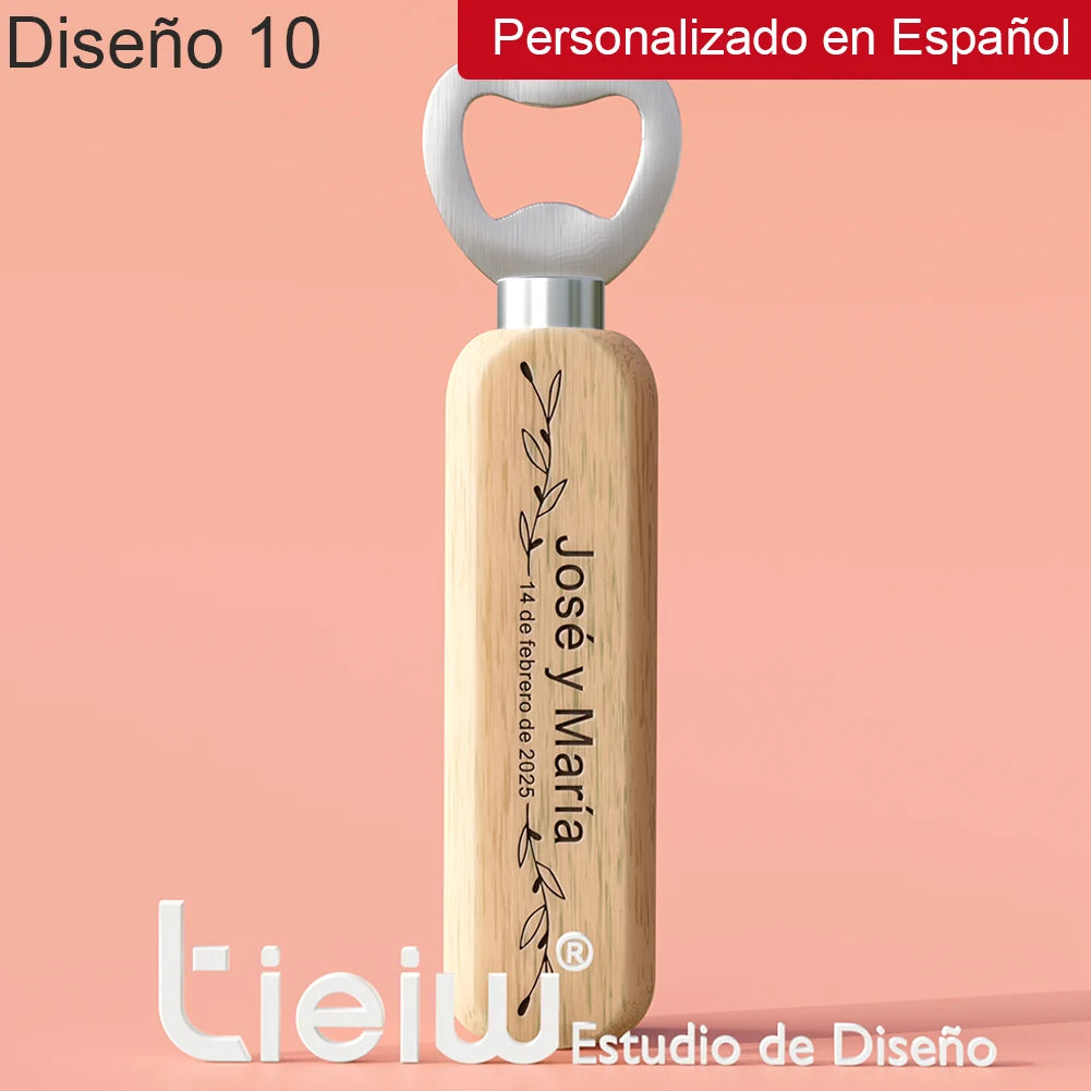 Abridores de Garrafa em Madeira Personalizados – Lembrança de Casamento (12 Peças)