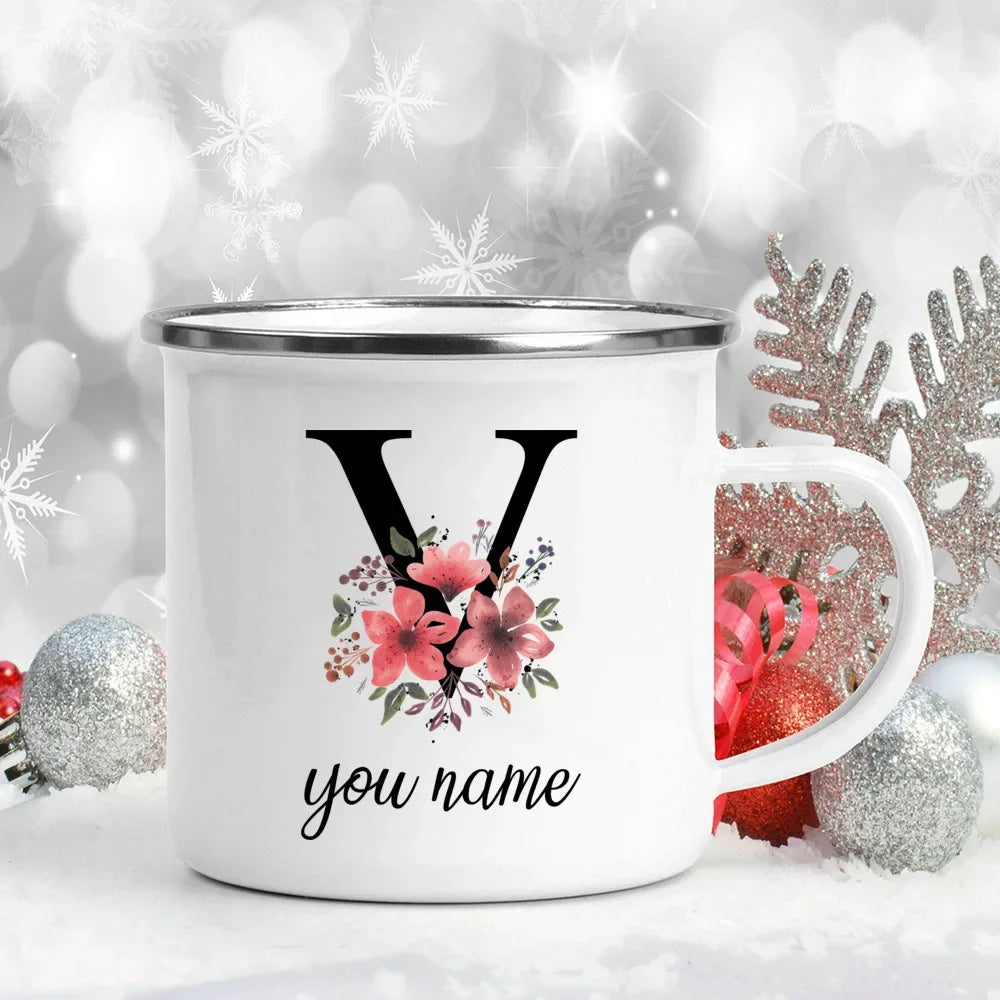 Caneca Esmaltada Personalizada com Nome e Flor