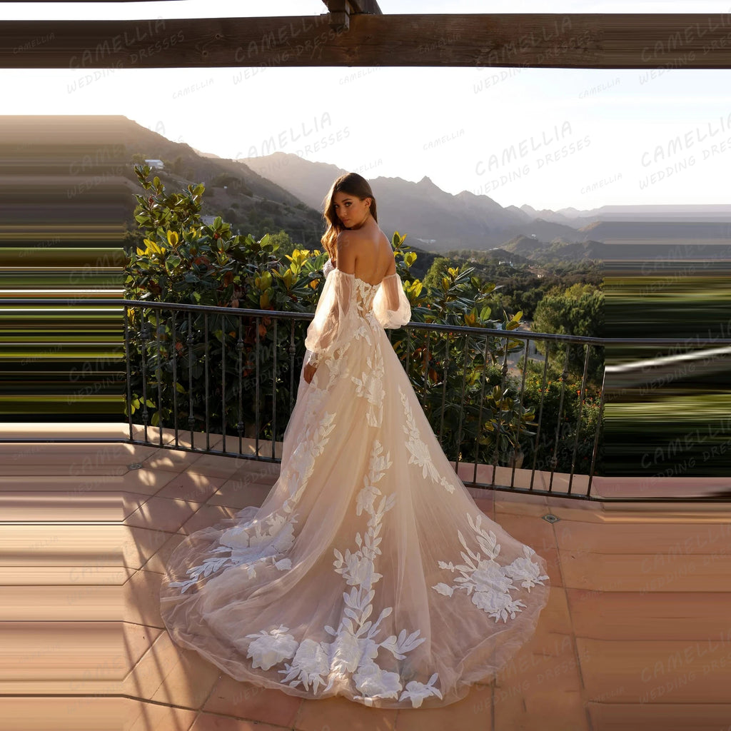 Vestido de Noiva Luxuoso Ombro a Ombro em Tule com Aplicações