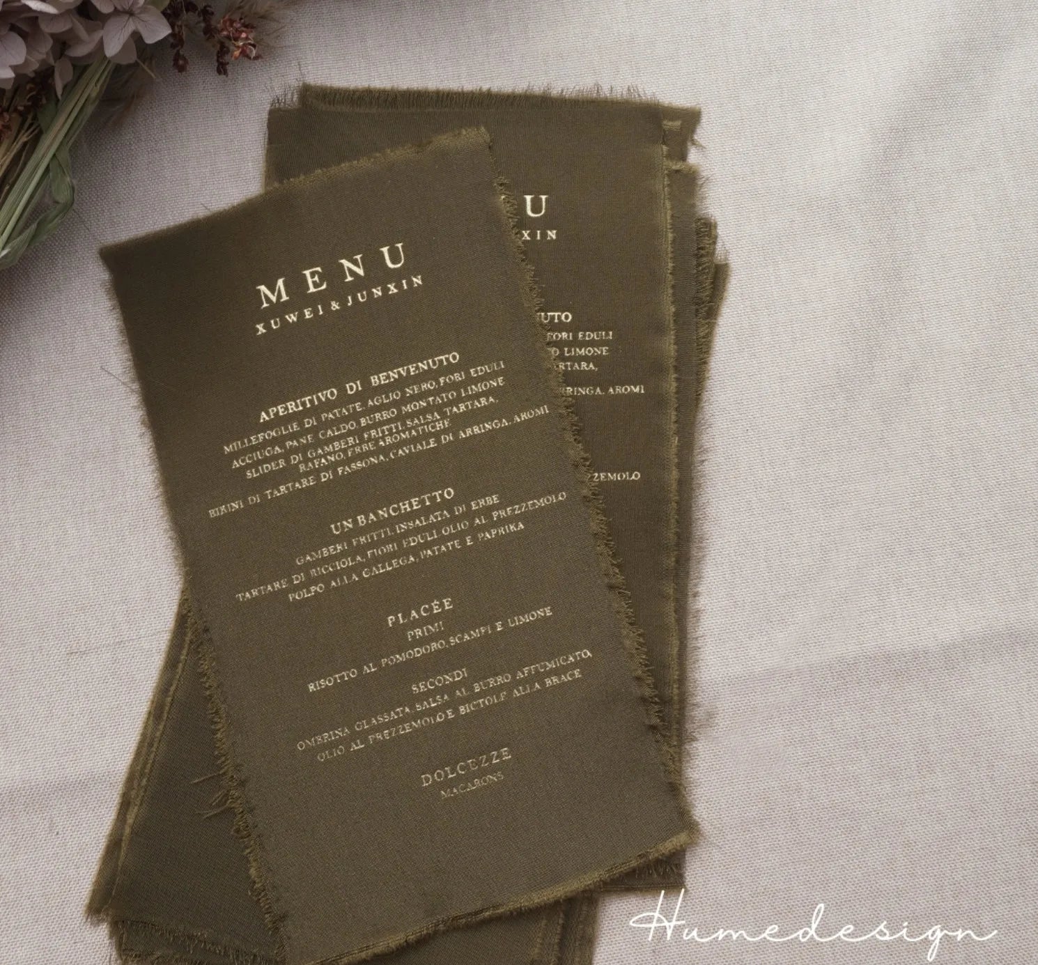 Menu de Casamento em Seda com Bordas Rasgadas