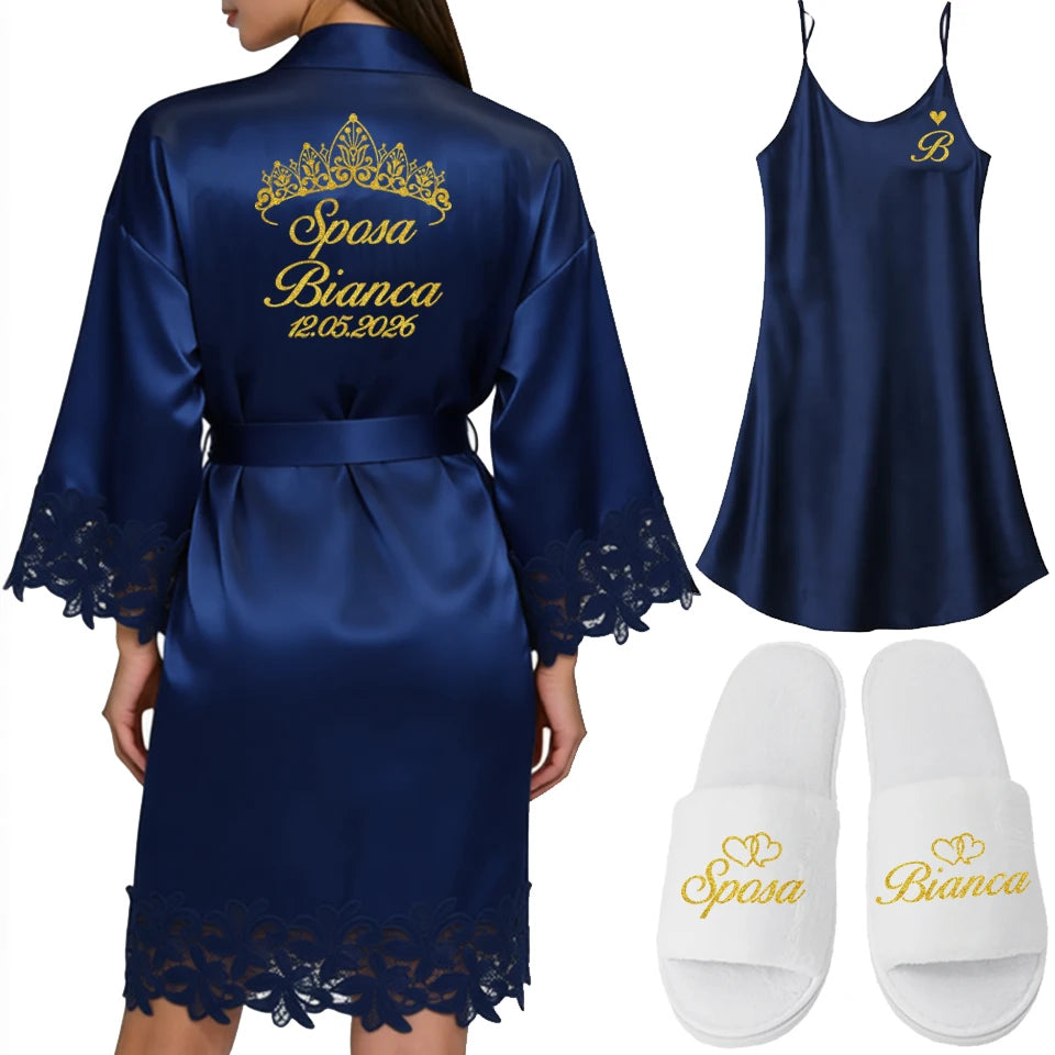 Robe Personalizado para Noiva – Com Nome e Data Bordados | Roupão de Cetim com Renda para Casamento