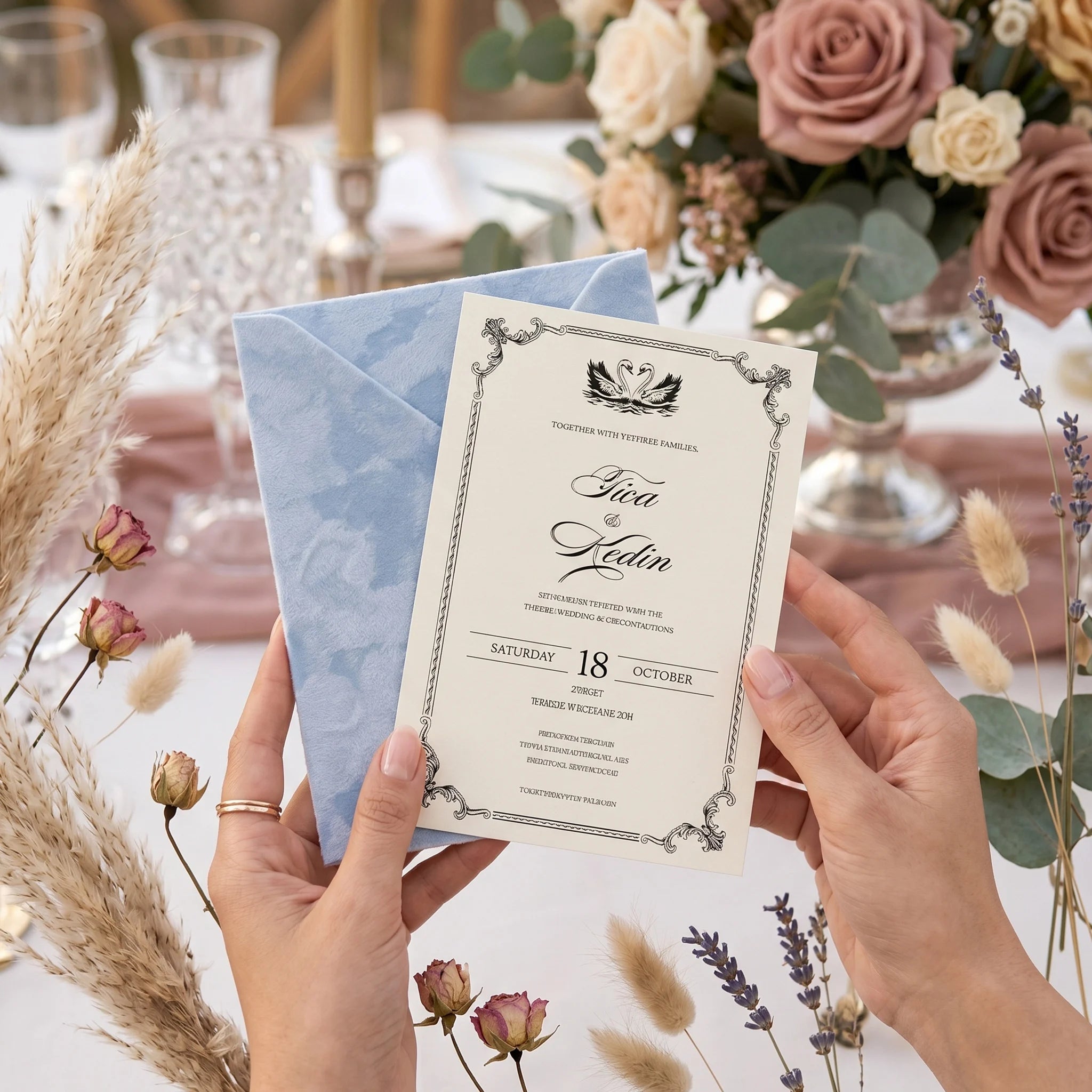 Convite de Casamento em Veludo Azul Poeira – Personalizado | Elegância Intemporal
