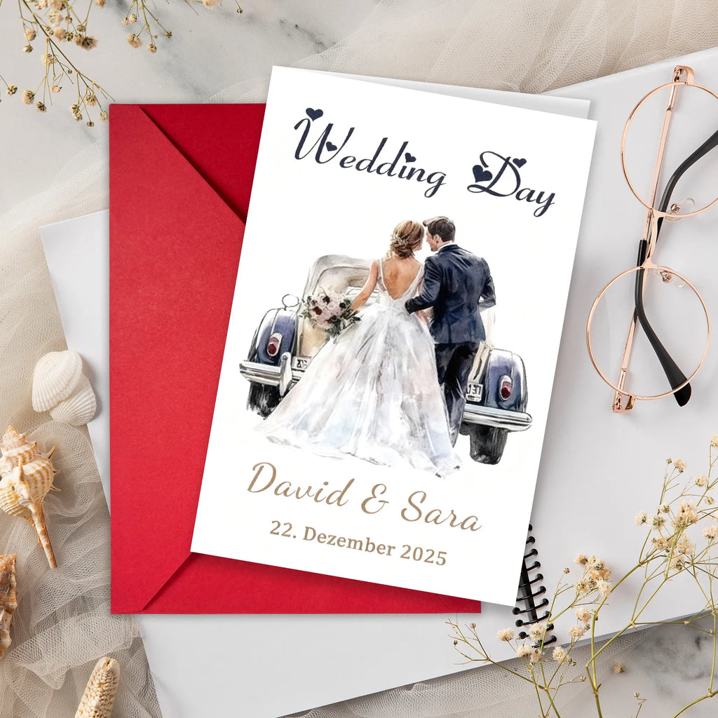 Convite de Casamento com Envelope – Ilustração em Aguarela de Carro dos Noivos | Personalizável