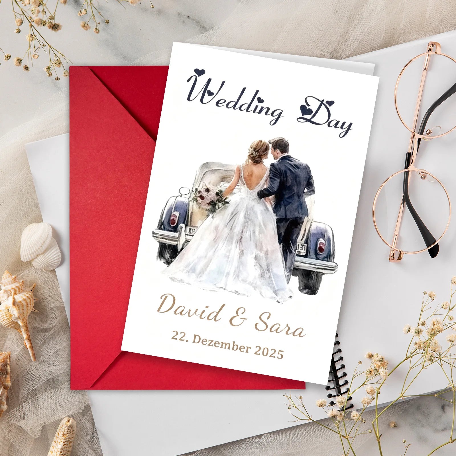 Convite de Casamento com Envelope – Ilustração em Aguarela de Carro dos Noivos | Personalizável