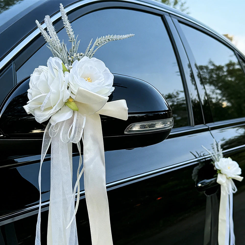 Flor para Espelho de Carro de Casamento – Rosa Branca Artificial com Fita