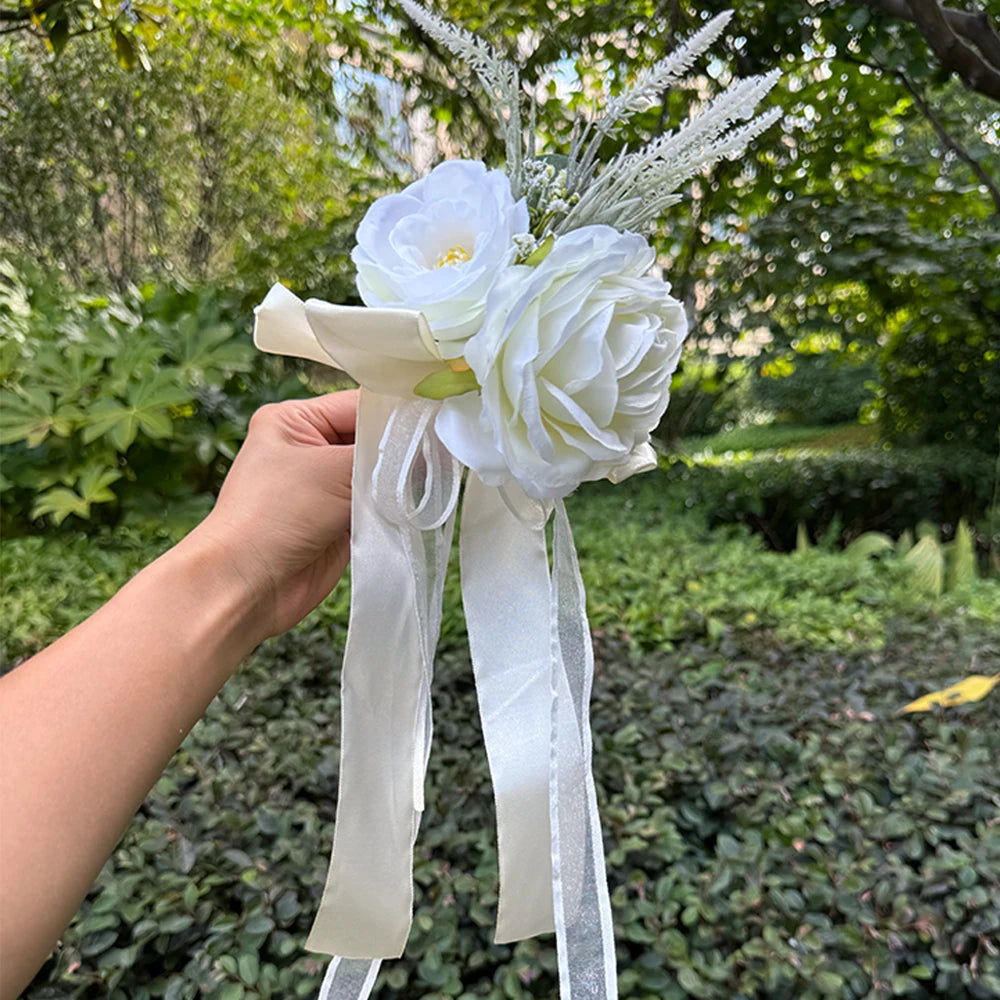 Flor para Espelho de Carro de Casamento – Rosa Branca Artificial com Fita