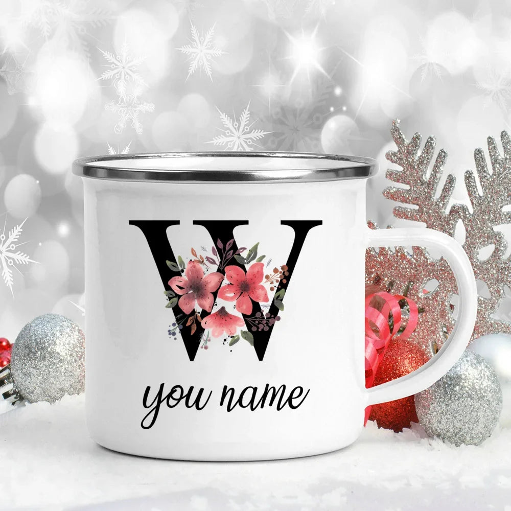 Caneca Esmaltada Personalizada com Nome e Flor
