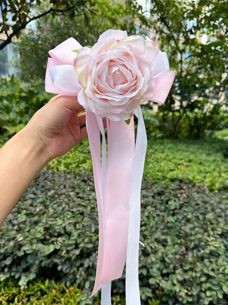 Flor para Espelho de Carro de Casamento – Rosa Branca Artificial com Fita