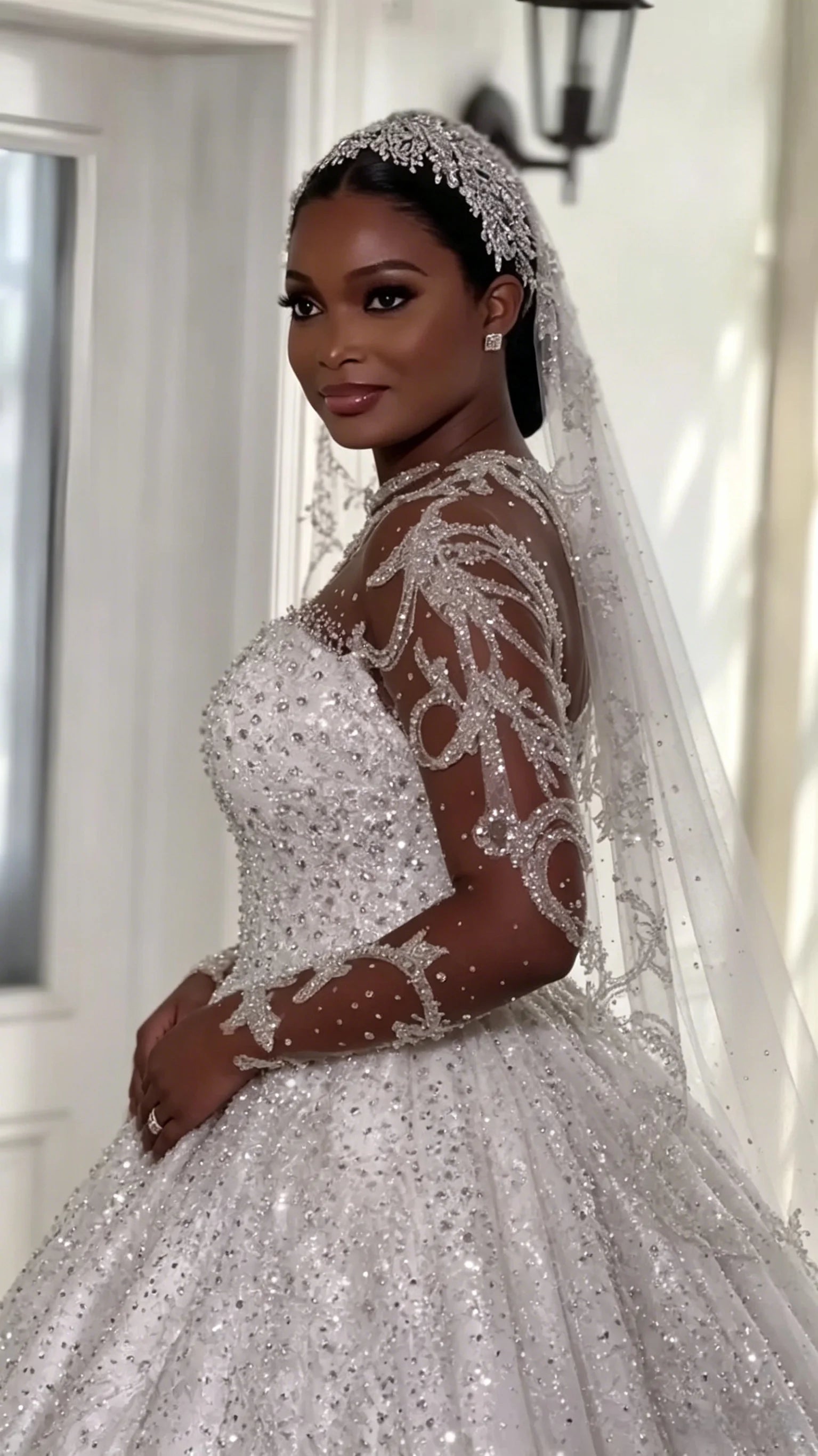 Vestido de Noiva Princesa Luxuoso com Mangas Compridas