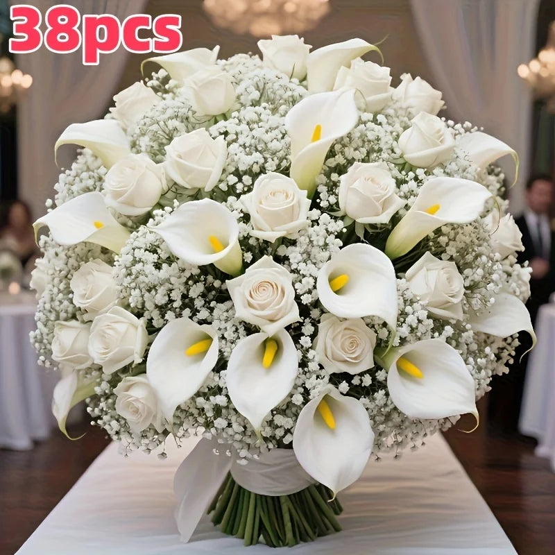 Bouquet Artificial de Rosas e Copos-de-Leite – 38 Flores para Decoração