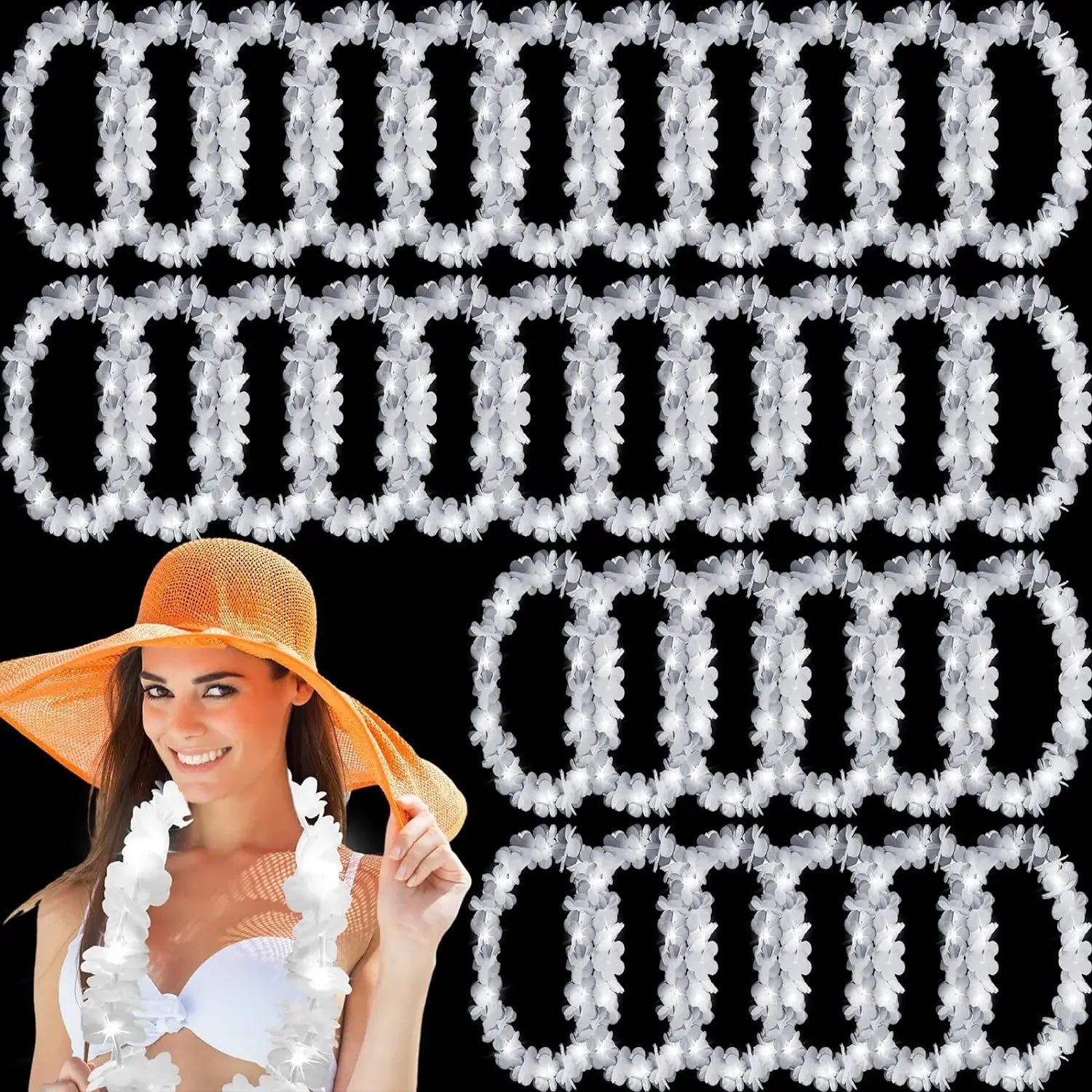 Conjunto de 24 Colares Havaianos LED Brancos – Iluminação para Festas e Eventos