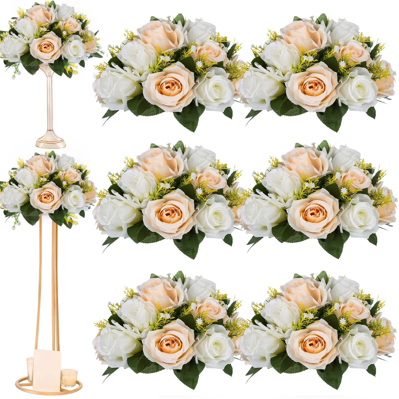 Conjunto de 6 Bolas Florais Artificiais com Rosas – Centros de Mesa para Casamentos