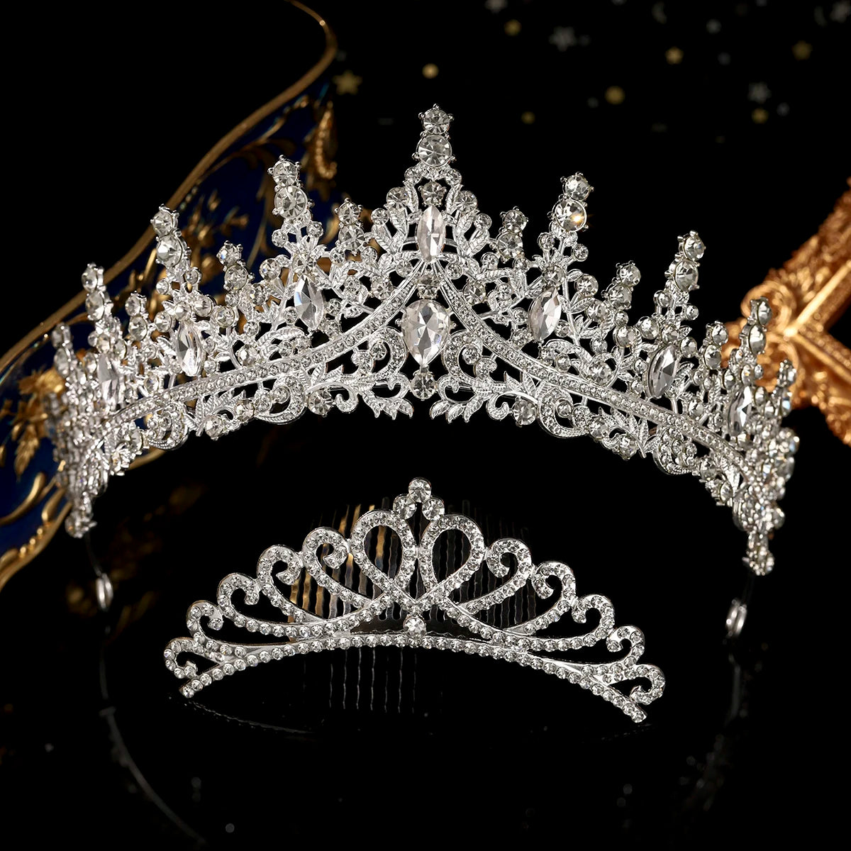 Conjunto de Tiaras em Cristal Prateado