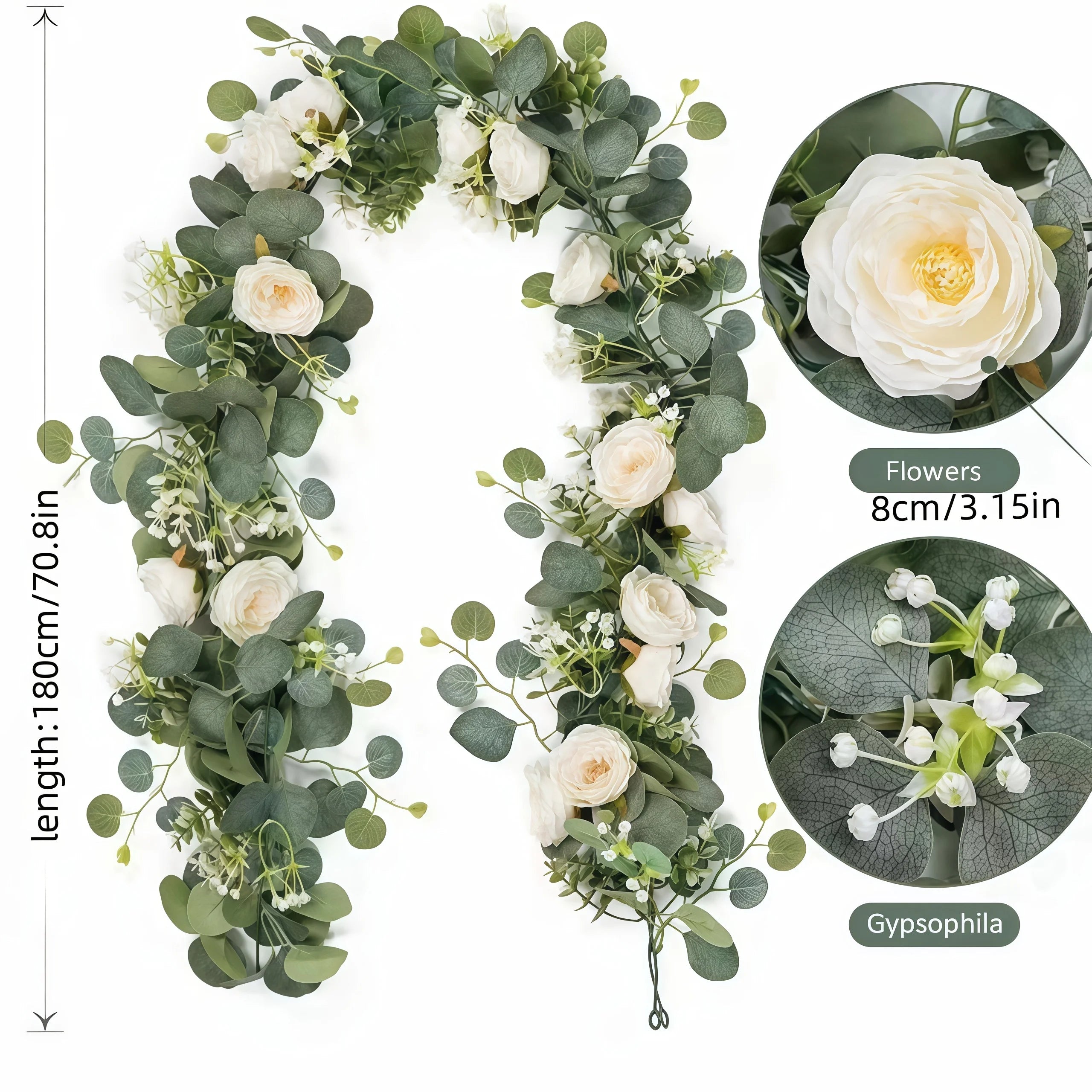 Grinalda Artificial de Eucalipto, Rosas e Gypsophila – 1,80 m