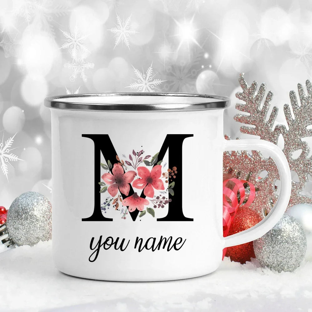 Caneca Esmaltada Personalizada com Nome e Flor