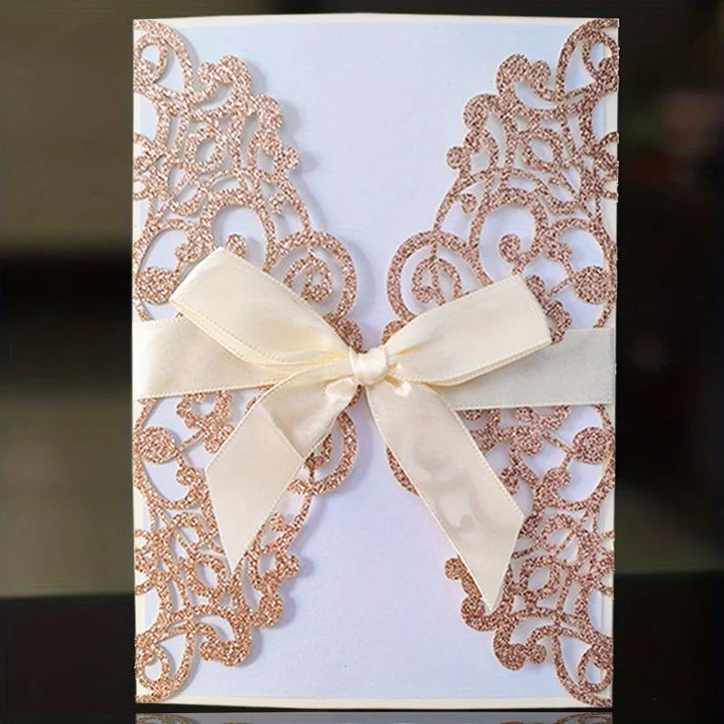 Convites de Casamento com Glitter e Fita – Pack de 10 | Elegância que Brilha
