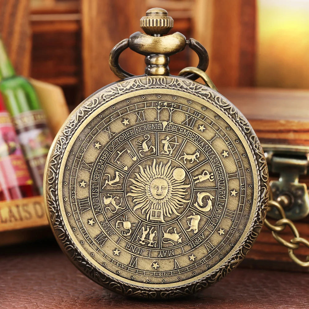 Relógio de Bolso Vintage Tarot Sol & Lua – Colar com Corrente em Bronze