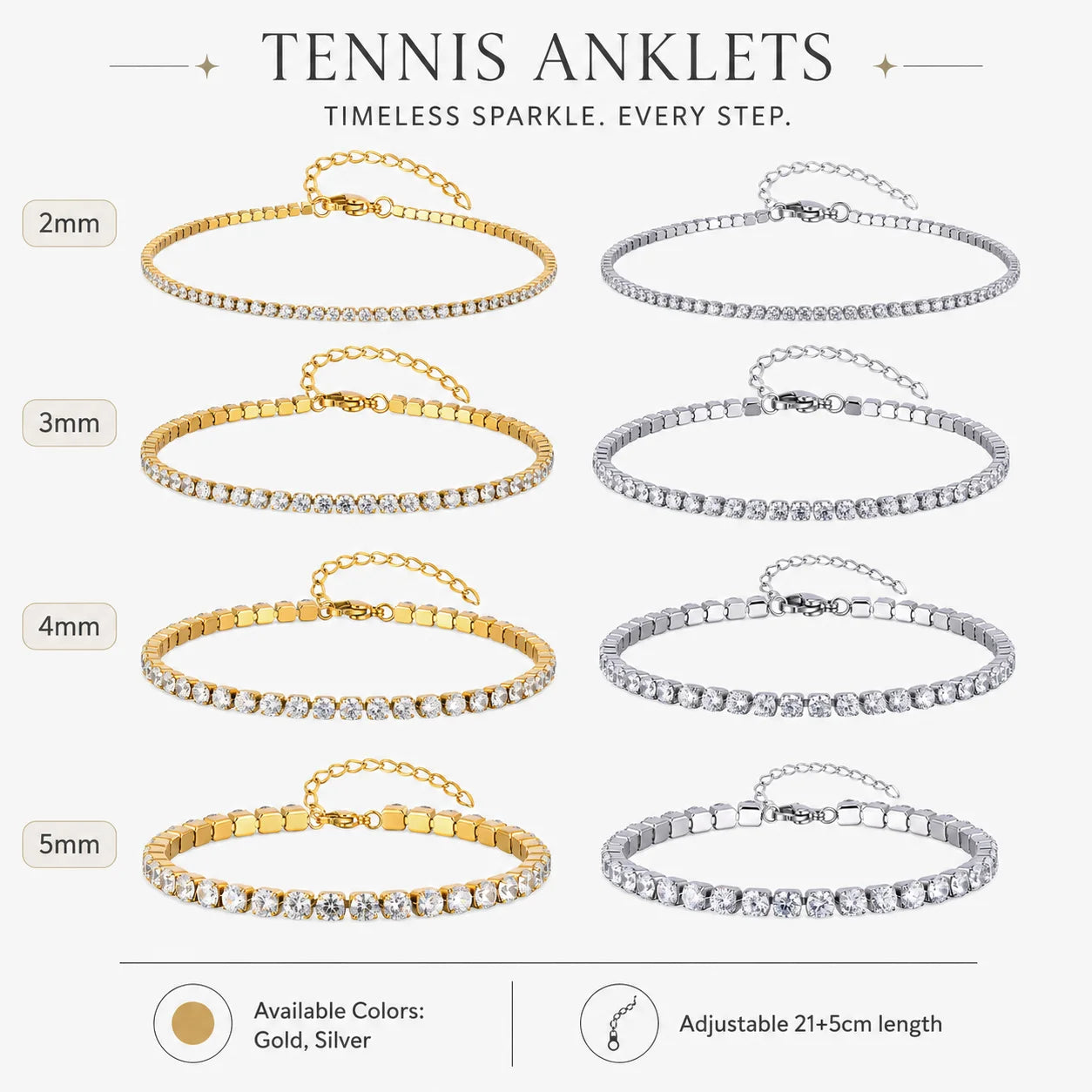Tornozeleira Tennis com Zircónias – Aço Inoxidável Banhado a Ouro 18K