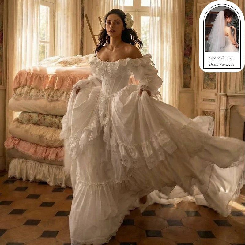 Vestido de Noiva Princesa A-Line Vintage com Mangas Bufantes em Cetim e Cauda Suave – Personalizado