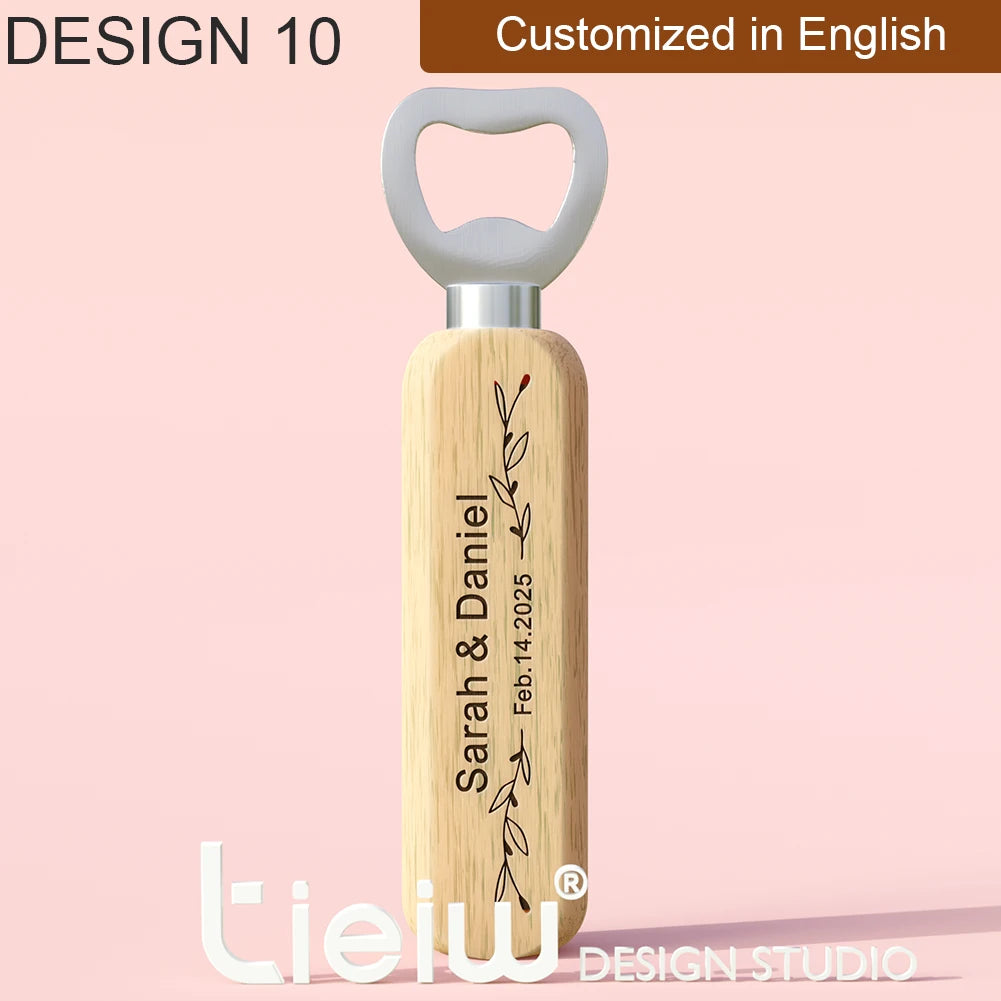 Abridores de Garrafa em Madeira Personalizados – Lembrança de Casamento (12 Peças)