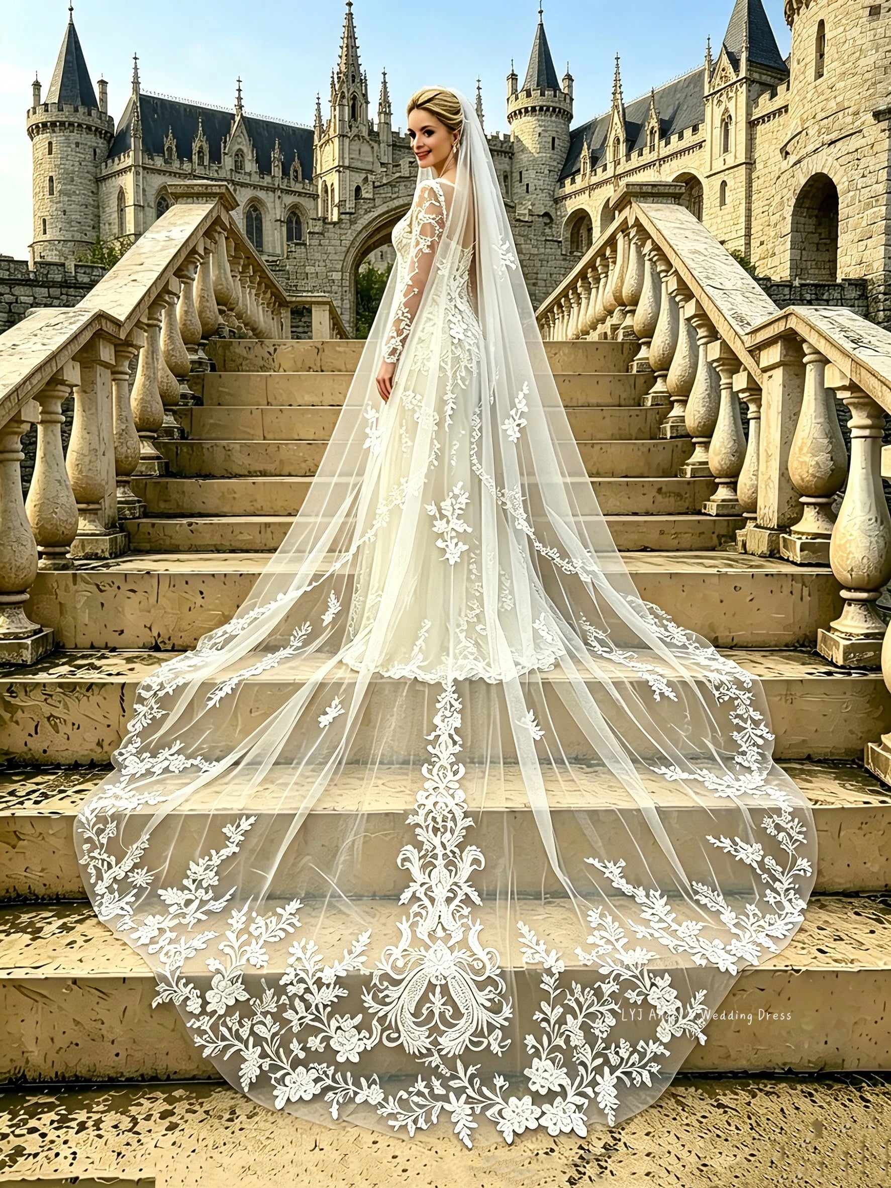 Véu Catedral de Noiva com Renda Bordada – Elegância Majestosa para um Casamento de Sonho