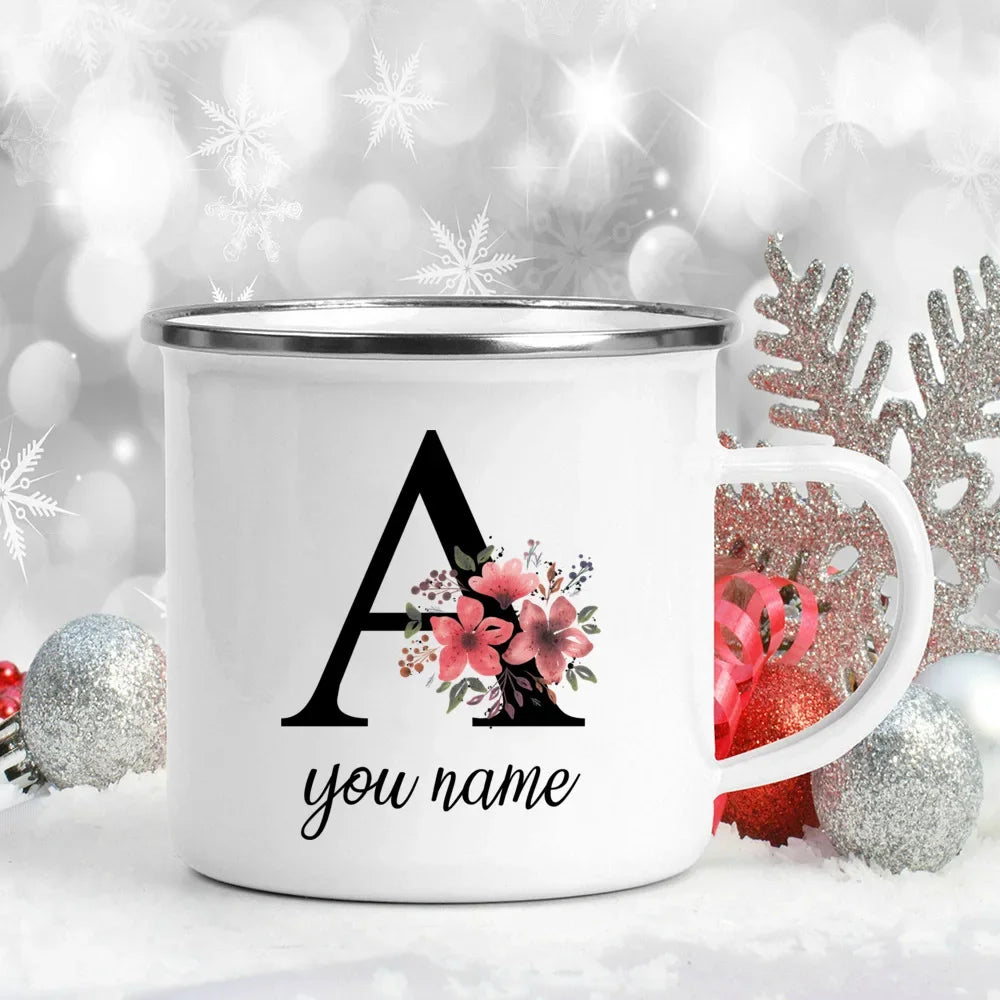 Caneca Esmaltada Personalizada com Nome e Flor