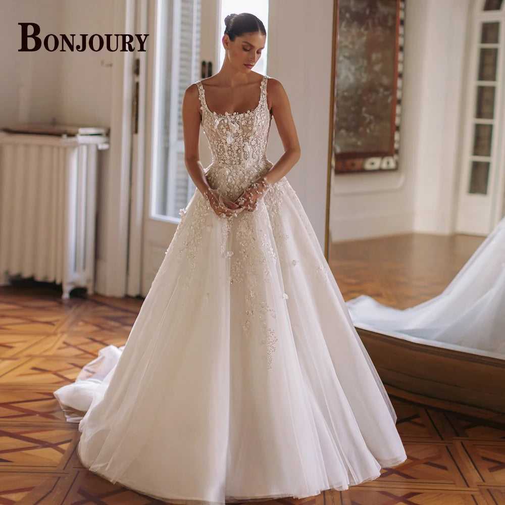Vestido de Noiva Vintage A-Line com Costas Abertas, Alças Finas e Renda em Tule – Personalizado 2026