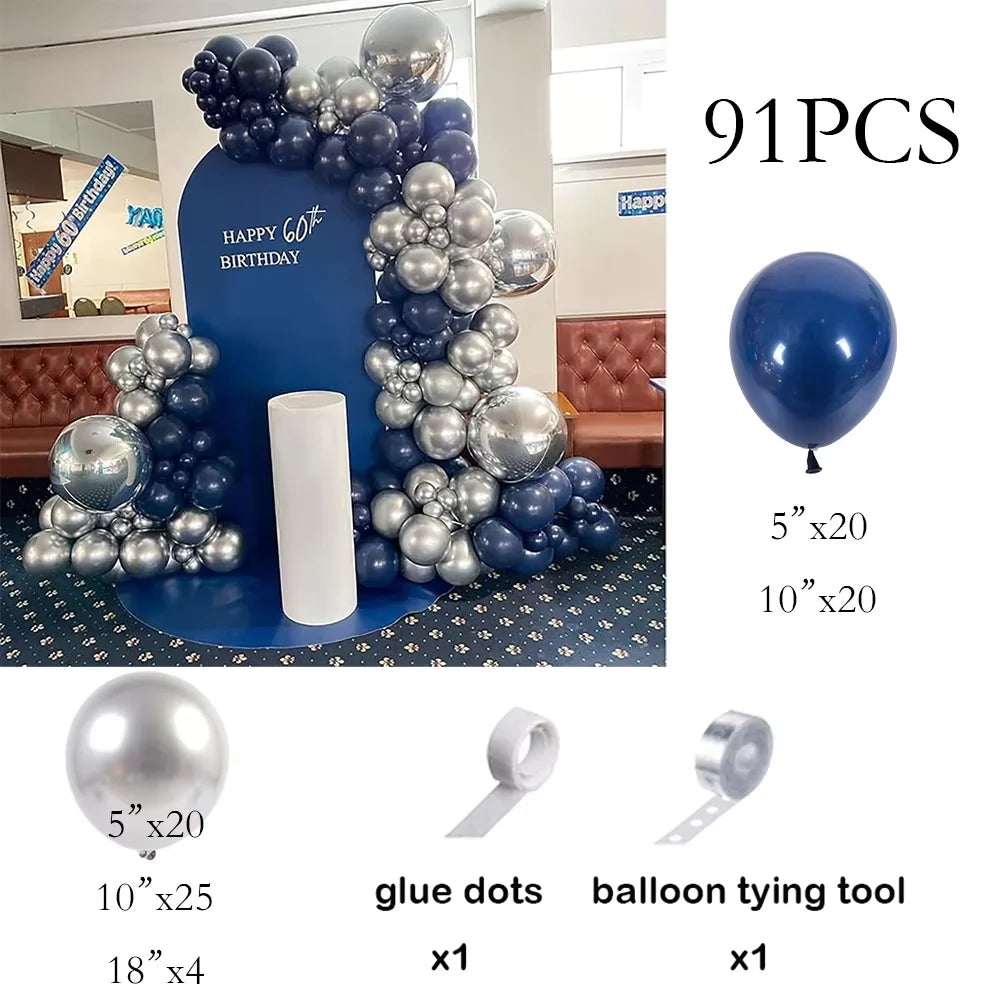 Kit Arco de Balões Azul Marinho, Branco e Prateado – 110 Peças