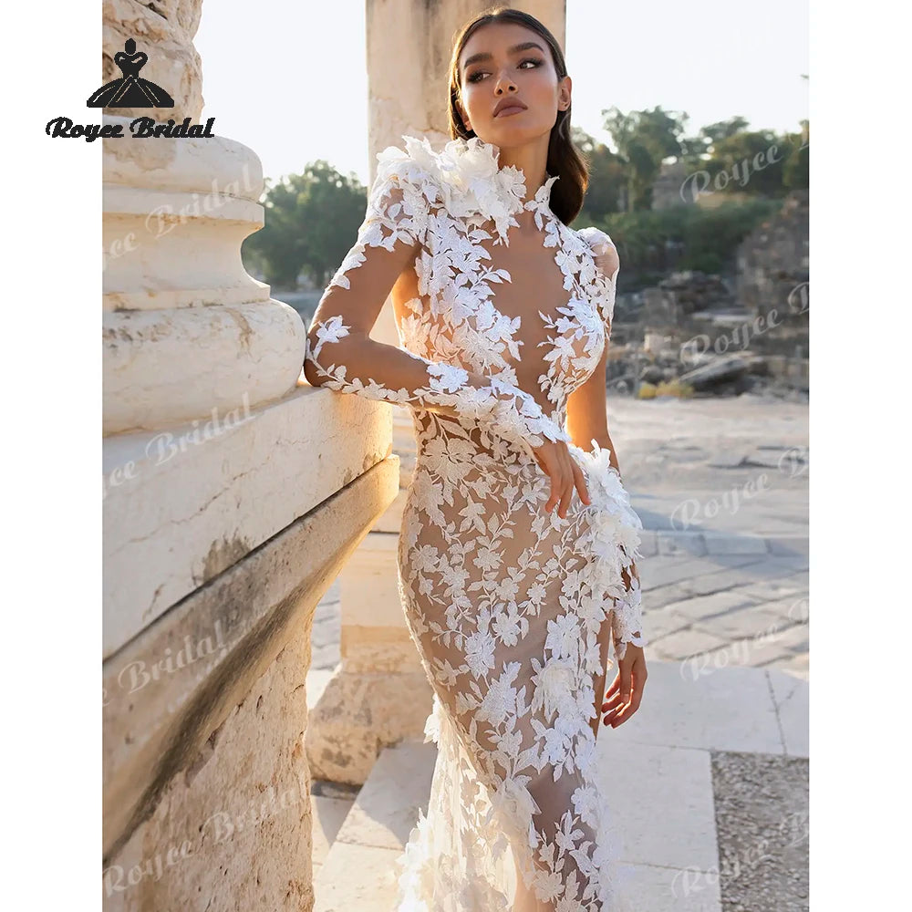 Vestido de Noiva Sereia Boho com Flores 3D, Costas Abertas e Fenda