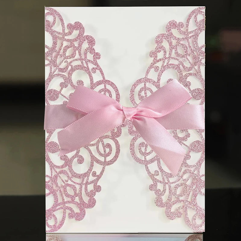 Convites de Casamento com Glitter e Fita – Pack de 10 | Elegância que Brilha