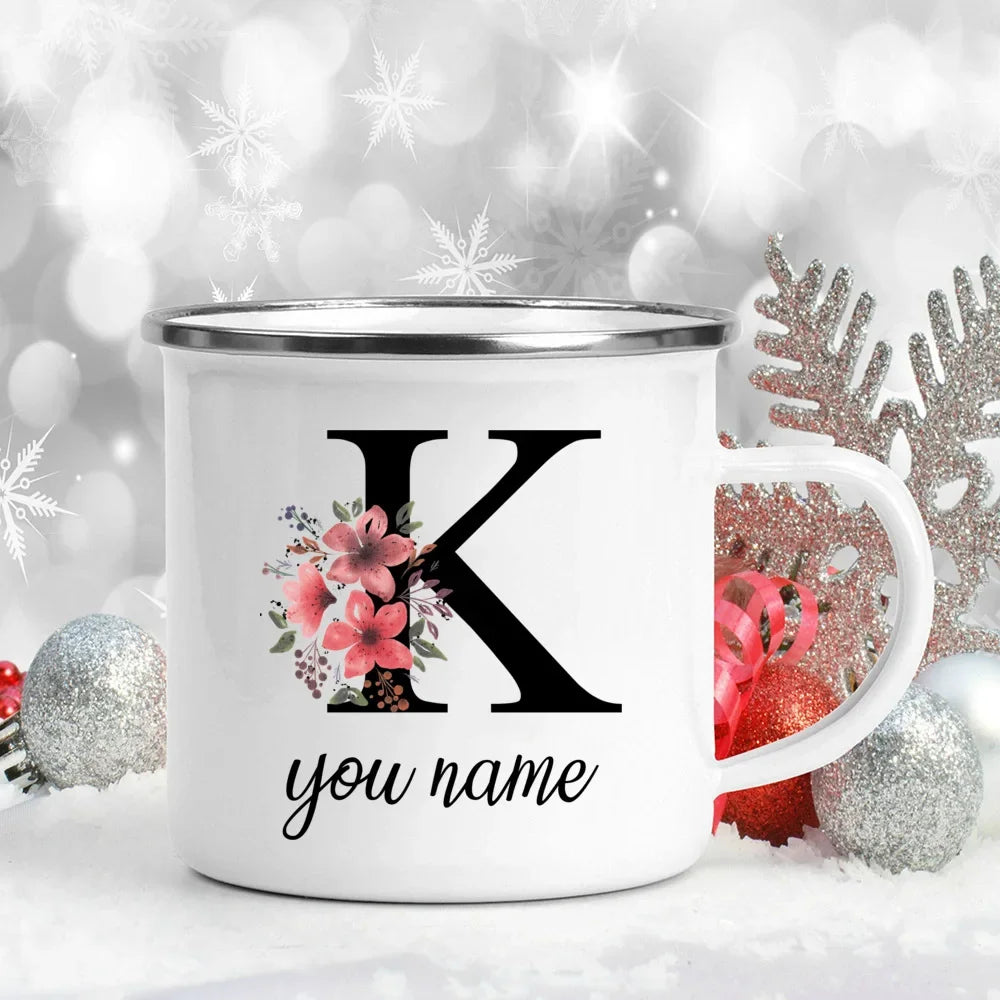 Caneca Esmaltada Personalizada com Nome e Flor